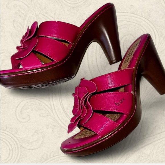 b.o.c. Pink Brown leather flower Mules with Chunky Wooden Heel size 7 - Picture 5 of 6